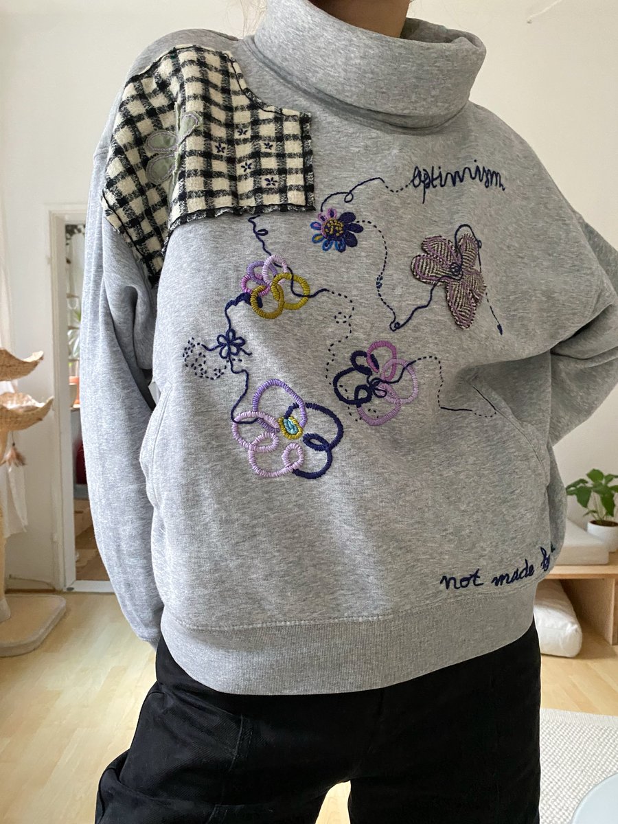Image of Optimism - one of a kind hand embroidered + textile collage sweatshirt, made of organic cotton