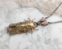Image 4 of Cicada necklace, Glass ruby opal insect jewelry Art Deco style, Handcrafted Lalique-style jewelry