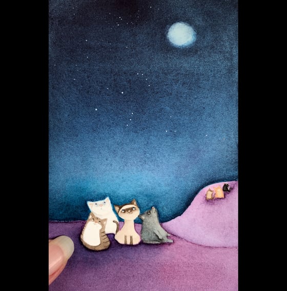 Image of Sharing the Moon - a tiny original watercolor