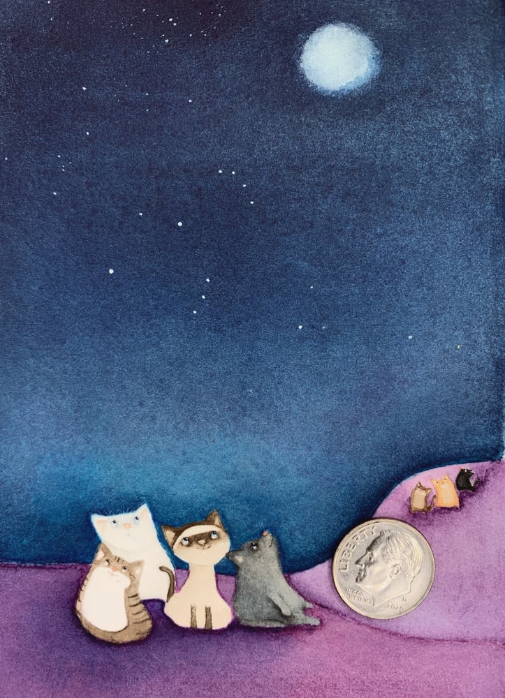Image of Sharing the Moon - a tiny original watercolor