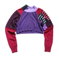 Image 1 of purple reds patchwork courtneycourtney adult M/L medium large long sleeve sweater shrug