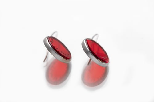 Image of "Sun is the end and the .." silver earrings with red acrylic glass 20mm · SOL FINIS ET ORTUS ·