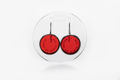 Image of "Sun is the end and the .." silver earrings with red acrylic glass 20mm · SOL FINIS ET ORTUS ·