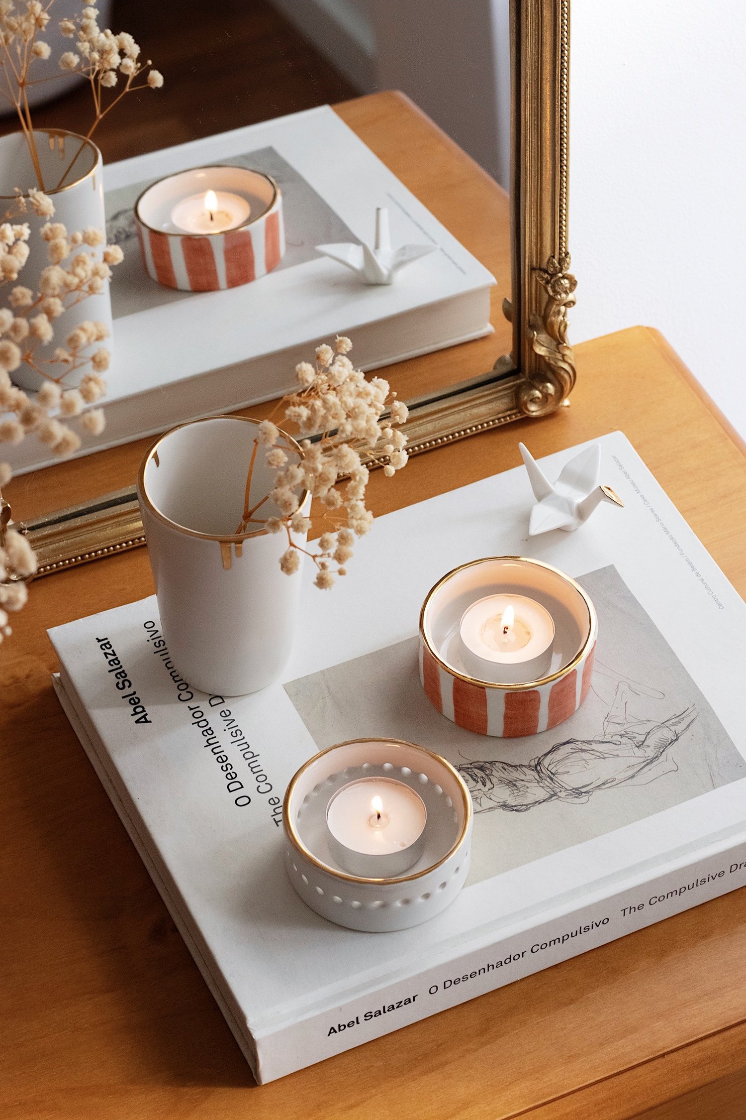 Image of STRIPED TERRACOTTA TEALIGHTS - Set of Two