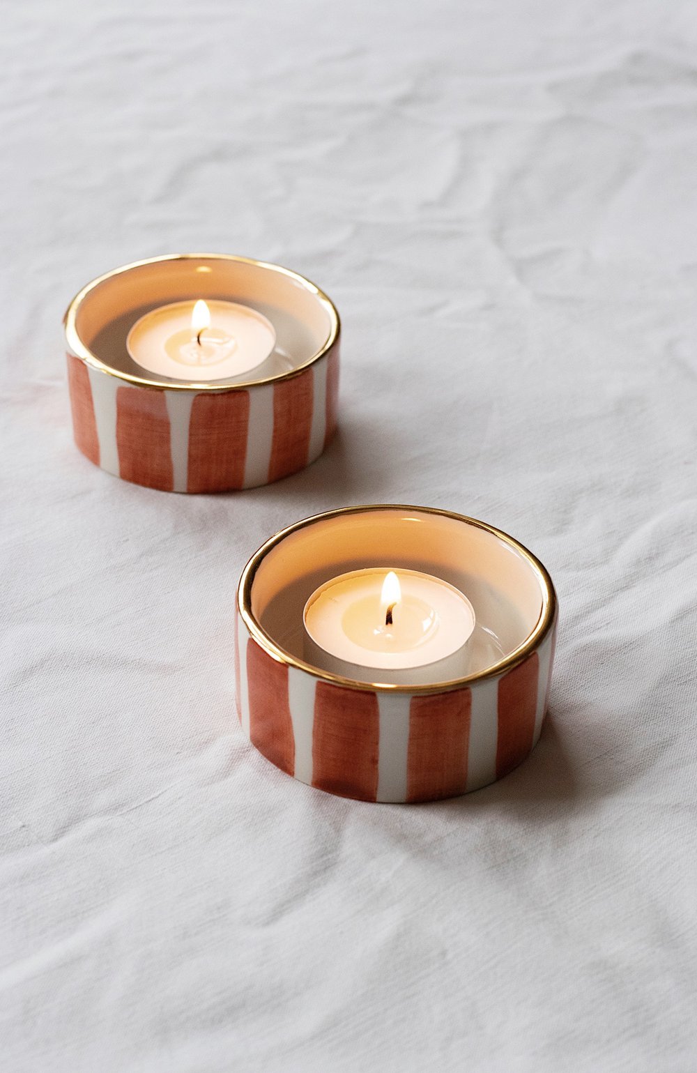 Image of STRIPED TERRACOTTA TEALIGHTS - Set of Two