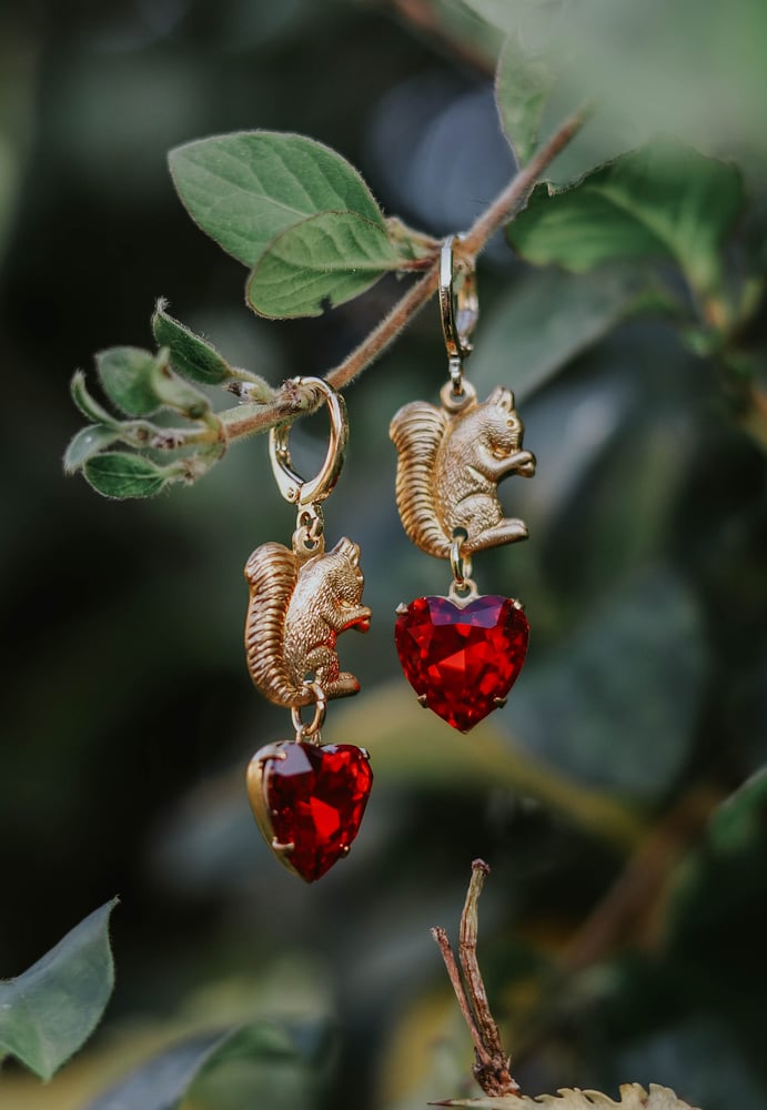 Image of Ruby Squirrel Heart Earrings 