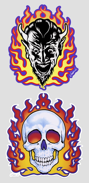 Image of FLAMING DEVIL & SKULL die cut sticker set