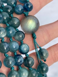 Image 1 of Natural Gem Green Kyanite Mala with Gem Labradorite Guru Bead, Gem Green Kyanite 108 Bead Japa Mala