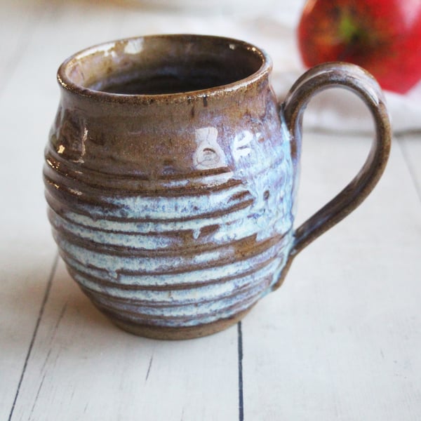 Image of Large Rustic Pottery Mug with Dripping White Glaze, Made in USA Ready to Ship