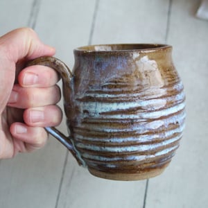 Image of Large Rustic Pottery Mug with Dripping White Glaze, Made in USA Ready to Ship