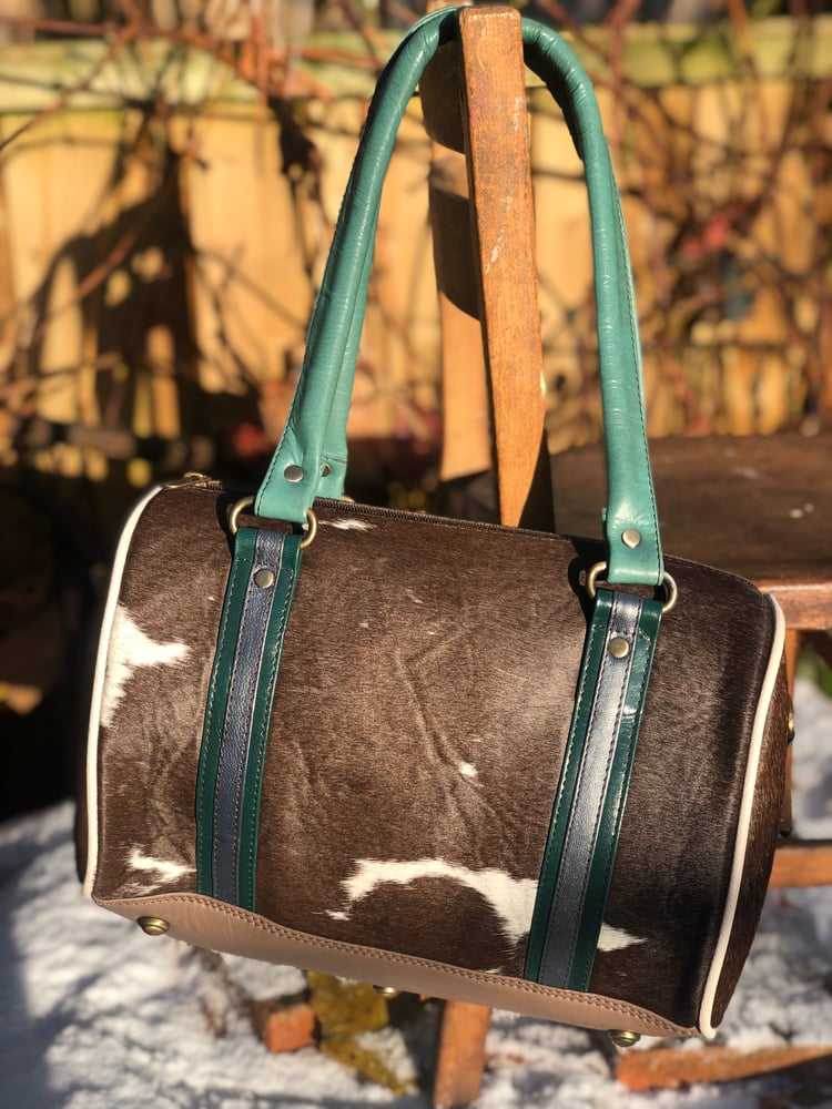 Image of Harlequin Collection - Multi-coloured Recycled Leather Barrel Bag #30A