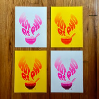 Image 3 of "Hot as Pho" riso| pink + black on yellow