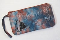 Image 1 of Butterfly and flowers blue and rust - wristlet zipper purse