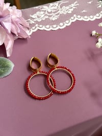 Image 2 of Red Beaded Hoops (Gold)