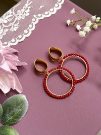 Image 3 of Red Beaded Hoops (Gold)