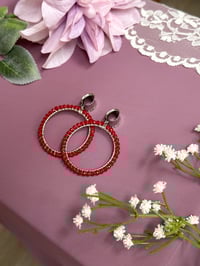 Image 2 of Red Beaded Hoops (Silver)
