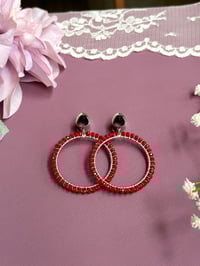 Image 3 of Red Beaded Hoops (Silver)