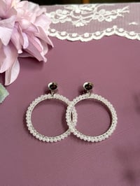Image 3 of White Beaded Hoops (Silver)