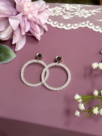 Image 2 of White Beaded Hoops (Silver)