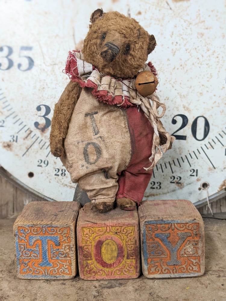 Image of 6"  old worn  "TOY" Teddy Bear w/ruff collar & romper  by Whendi's Bears.