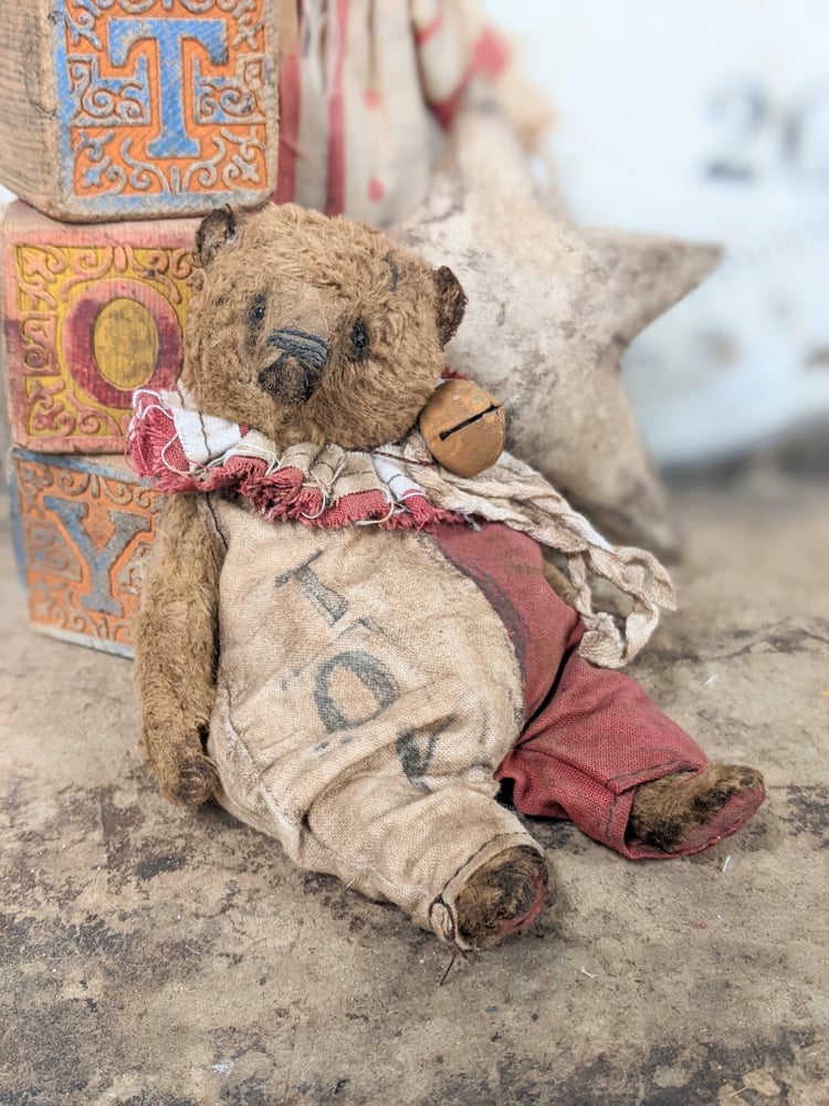 Image of 6"  old worn  "TOY" Teddy Bear w/ruff collar & romper  by Whendi's Bears.