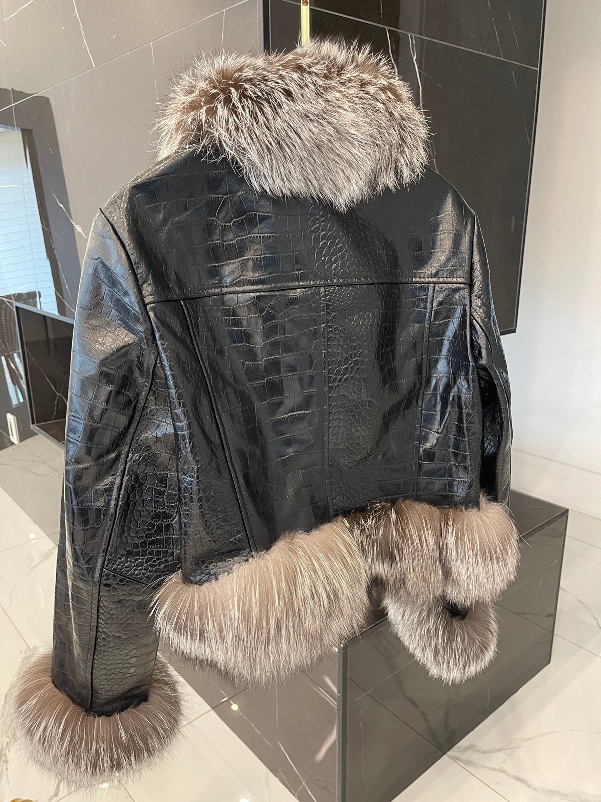 Leather Biker Fur Jacket with Distinctive Collar and Cuff