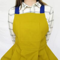 Image 4 of Pleated Split Leg Apron with Adjustable Crossback Straps. Mustard Canvas No25