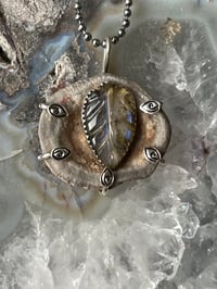 Image 3 of Stone on Stone Carved Labradorite Leaf set in Sterling Silver on Chalcedony Rose