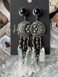 Image 2 of Moonstruck ~ Sterling Moon Post Earrings with Black Onyx, and Raw Blue Kyanite