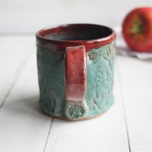 Image of Hand Carved Rustic Copper Green and Red Stoneware Mug, Made in USA