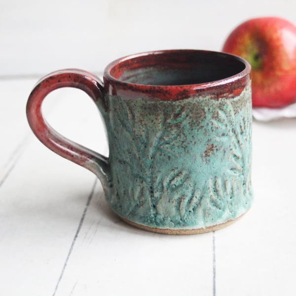 Image of Hand Carved Rustic Copper Green and Red Stoneware Mug, Made in USA