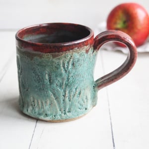 Image of Hand Carved Rustic Copper Green and Red Stoneware Mug, Made in USA