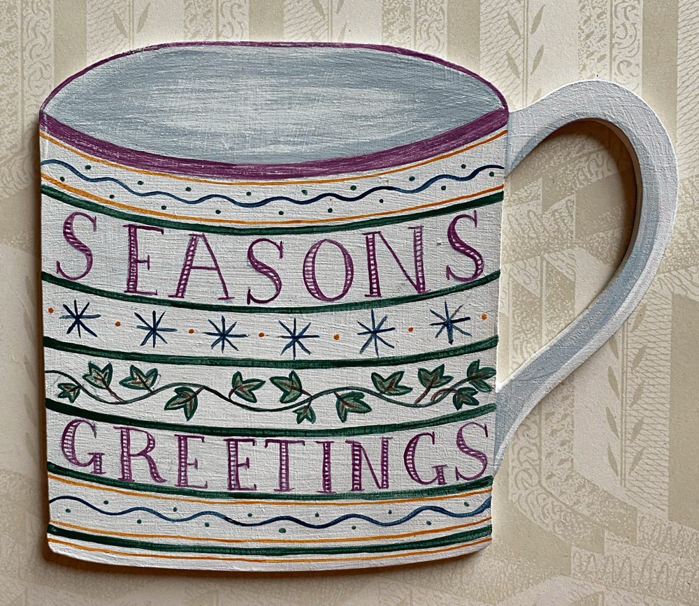 Image of Wooden painted cutout cup: Seasons Greetings