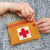 NEW! First Aid Purse with appliqué red cross, made with upcycled fabrics. Eco Gift.