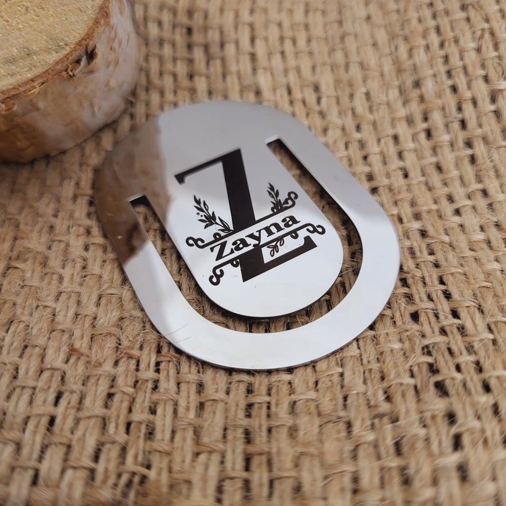 Image of Custom Rounded Bookmark with Monogram Initials, Name Engraved in Steel Silver Tone