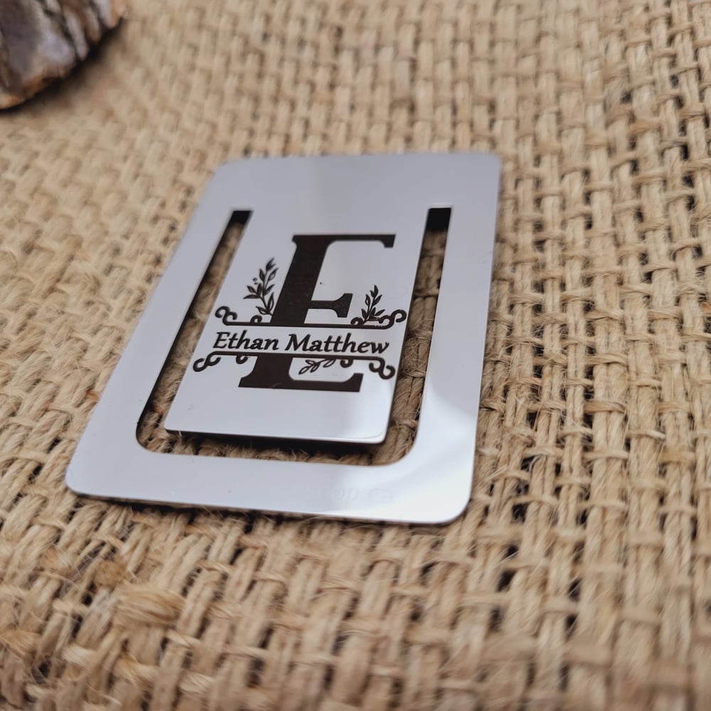 Image of Custom Monogram Initial Metal Bookmark with Name Engraving in Steel Silver