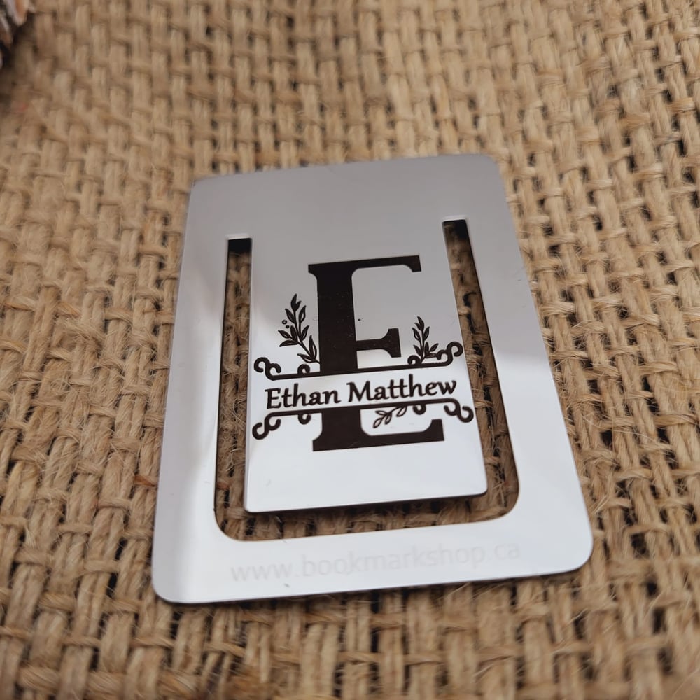 Image of Custom Monogram Initial Metal Bookmark with Name Engraving in Steel Silver