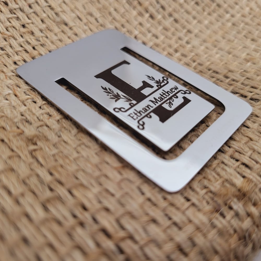Image of Custom Monogram Initial Metal Bookmark with Name Engraving in Steel Silver