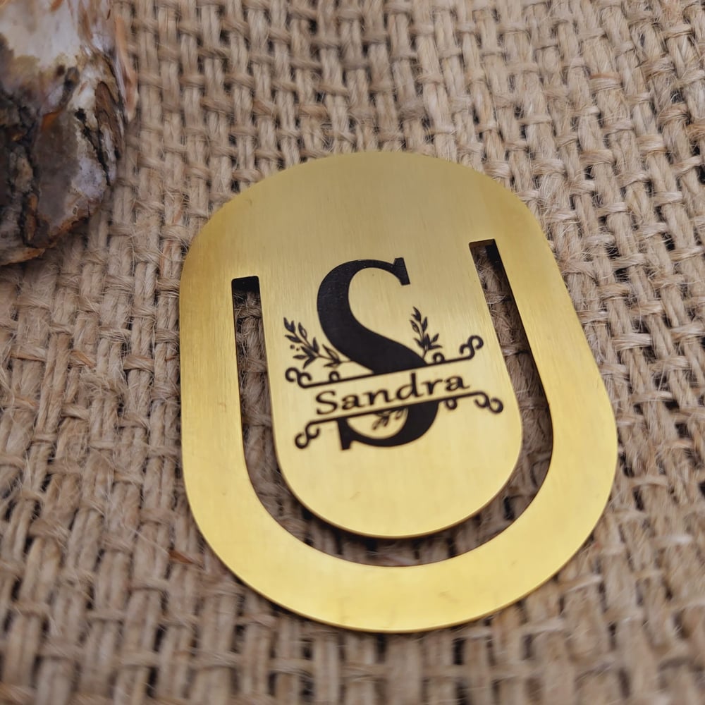 Image of Custom Rounded Bookmark with Monogram Initials, Name Engraving in Gold Color