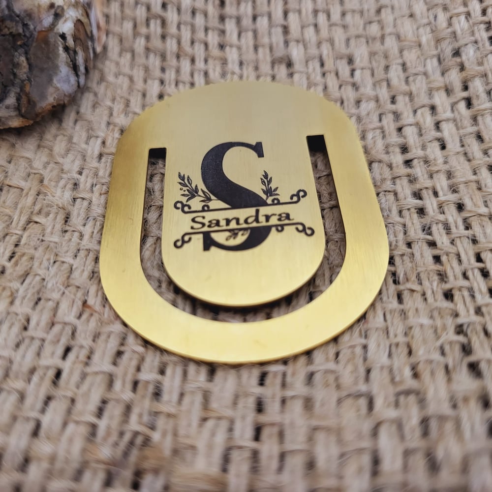 Image of Custom Rounded Bookmark with Monogram Initials, Name Engraving in Gold Color