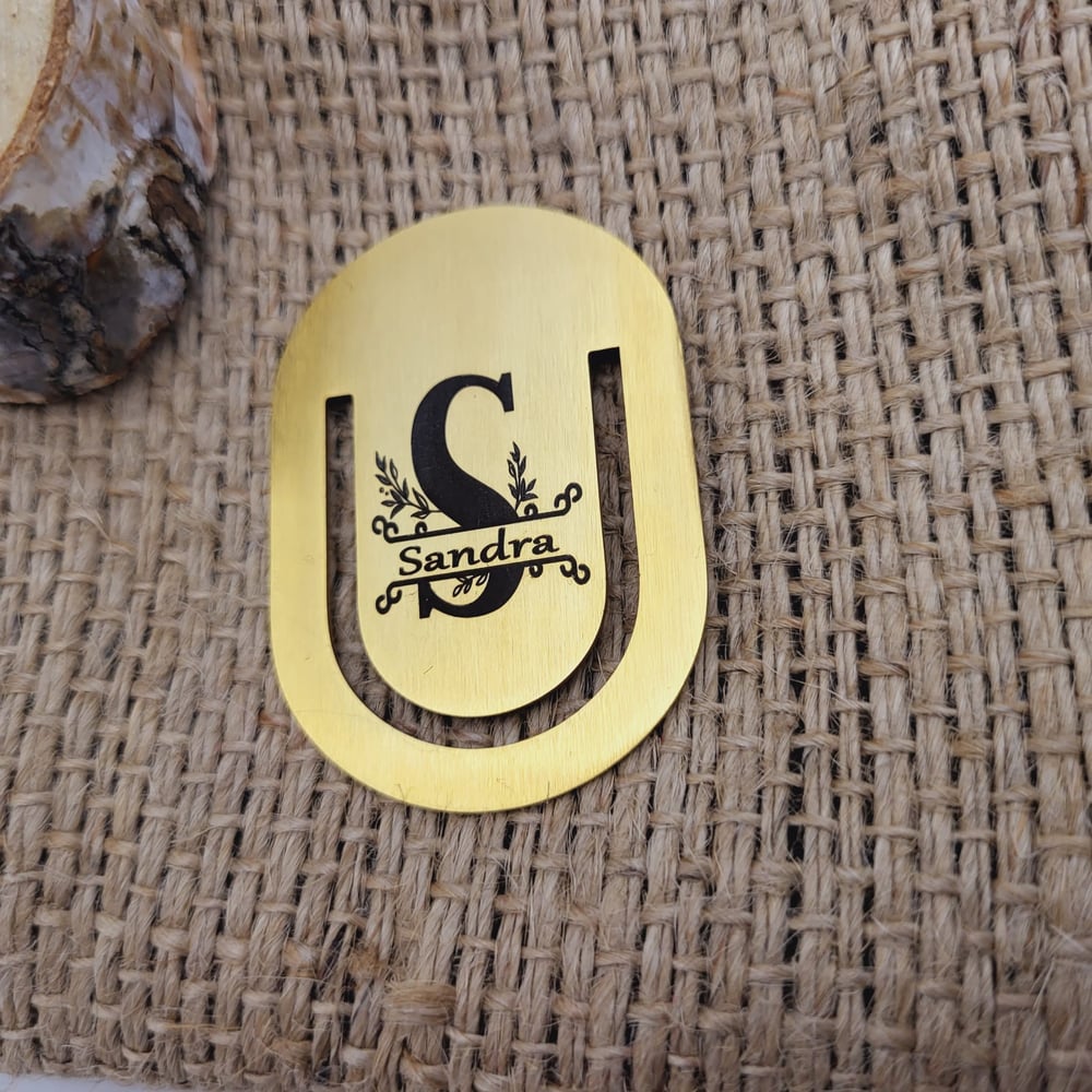 Image of Custom Rounded Bookmark with Monogram Initials, Name Engraving in Gold Color