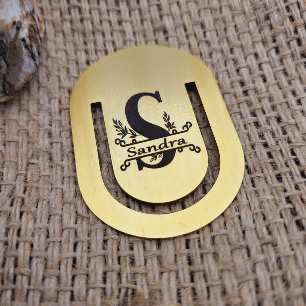 Image of Custom Rounded Bookmark with Monogram Initials, Name Engraving in Gold Color