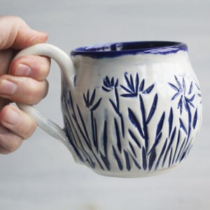 Image of Spring Flowers Carved Coffee Cup, Gardeners Pottery Mug, Handmade in USA