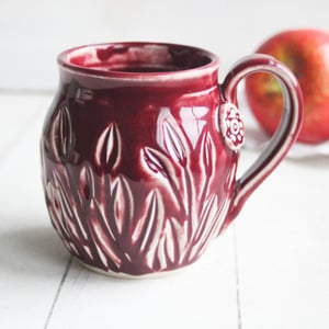 Image of Spring Flowers Carved Coffee Cup, Ox Blood Red Gardeners Pottery Mug, Handmade in USA