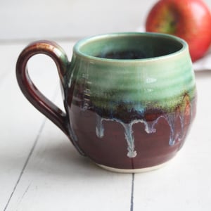 Image of Dripping Green and Deep Red Glazed Pottery Mug, 11 oz. Handcrafted Stoneware Made in USA