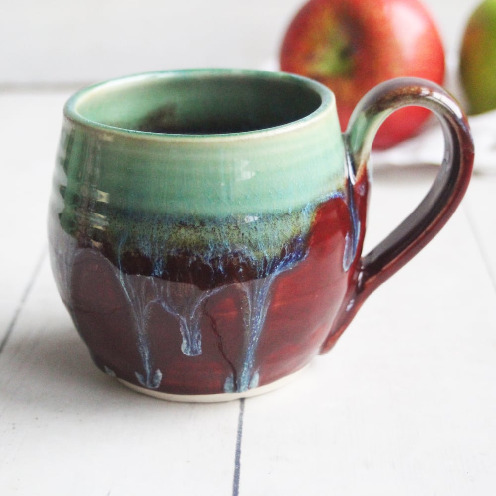 Image of Dripping Green and Deep Red Glazed Pottery Mug, 11 oz. Handcrafted Stoneware Made in USA