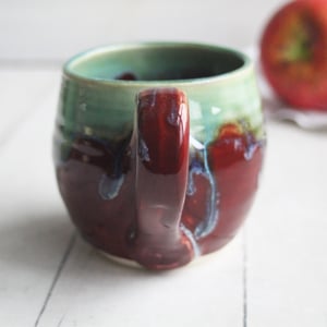 Image of Dripping Green and Deep Red Glazed Pottery Mug, 11 oz. Handcrafted Stoneware Made in USA