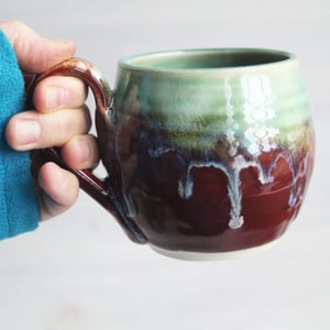 Image of Dripping Green and Deep Red Glazed Pottery Mug, 11 oz. Handcrafted Stoneware Made in USA