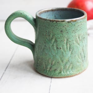 Image of Hand Carved Rustic Copper Green Mug, 12 Ounce Coffee Cup with Floral Design, Made in USA