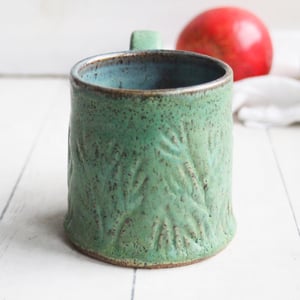 Image of Hand Carved Rustic Copper Green Mug, 12 Ounce Coffee Cup with Floral Design, Made in USA